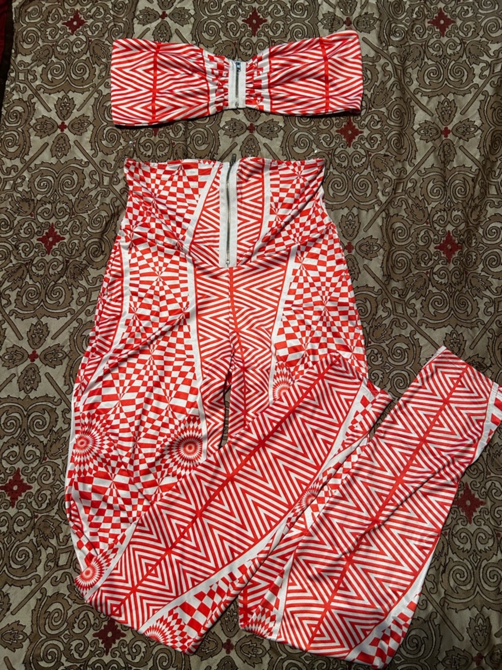 Red Geometric Strapless Jumpsuit Set - Unbranded